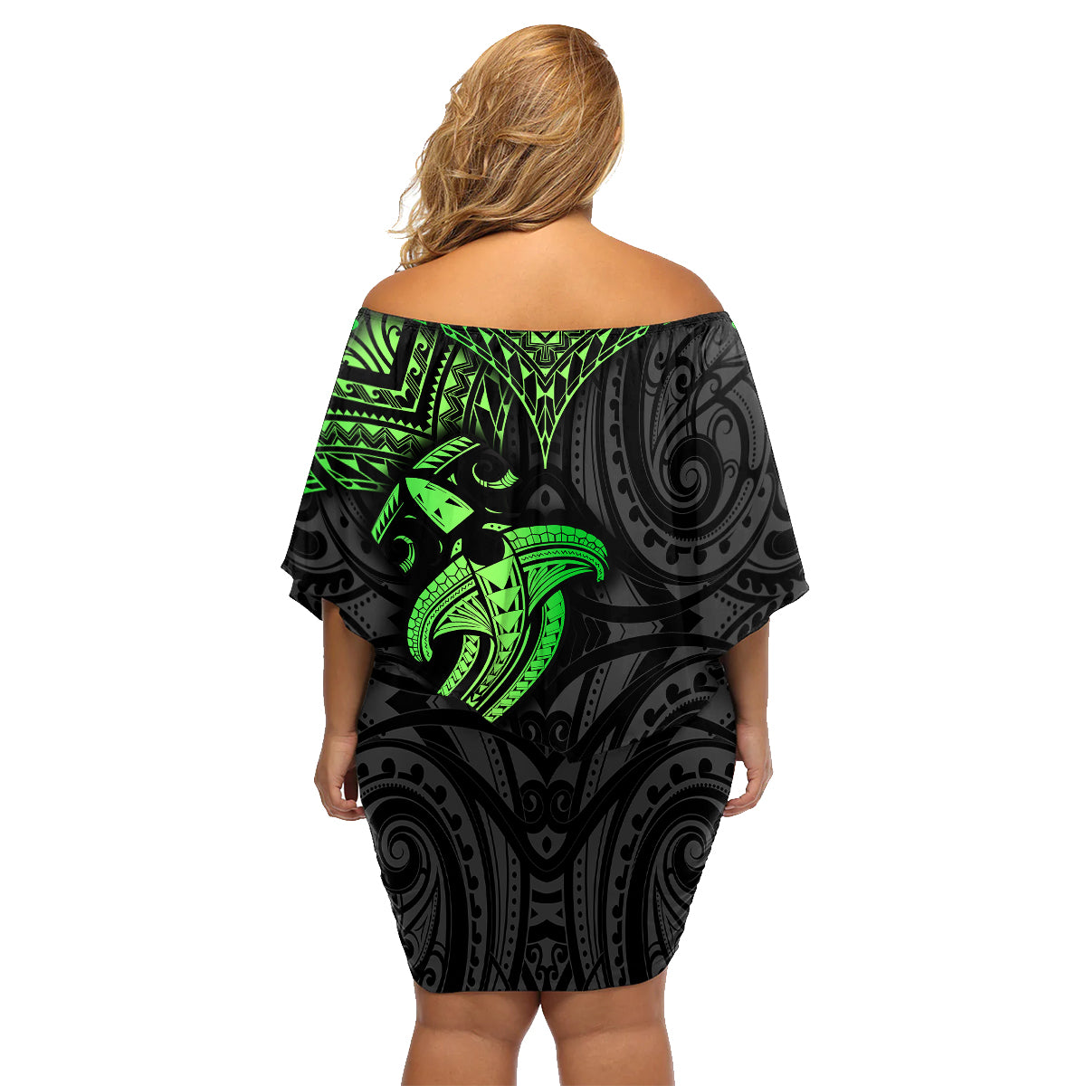 Polynesian Family Matching Off Shoulder Short Dress and Hawaiian Shirt Hammerhead Shark Tribal Pattern Black Green Version - Wonder Print Shop