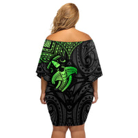 Polynesian Family Matching Off Shoulder Short Dress and Hawaiian Shirt Hammerhead Shark Tribal Pattern Black Green Version - Wonder Print Shop