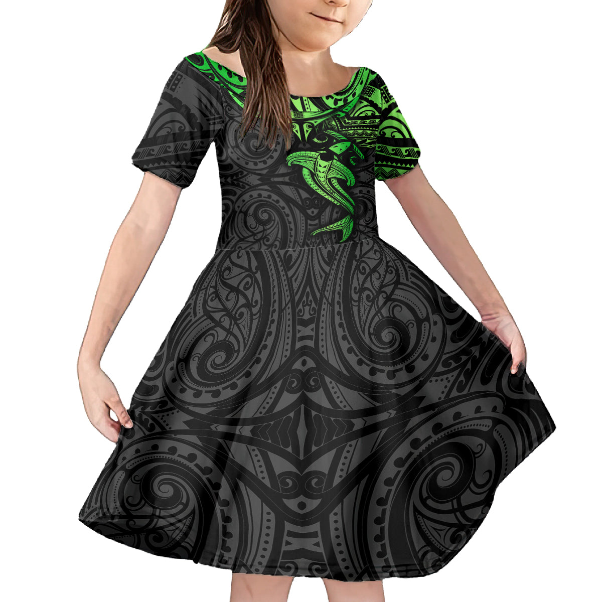 Polynesian Family Matching Puletasi Dress and Hawaiian Shirt Hammerhead Shark Tribal Pattern Black Green Version - Wonder Print Shop