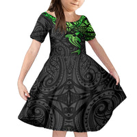 Polynesian Family Matching Puletasi Dress and Hawaiian Shirt Hammerhead Shark Tribal Pattern Black Green Version - Wonder Print Shop