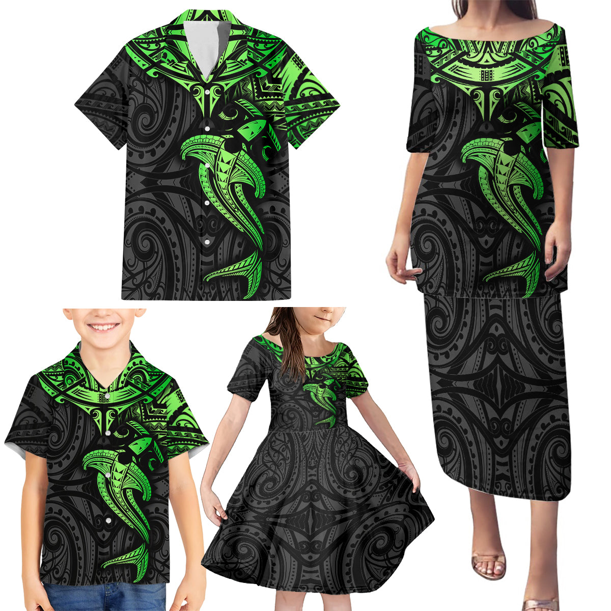 Polynesian Family Matching Puletasi Dress and Hawaiian Shirt Hammerhead Shark Tribal Pattern Black Green Version - Wonder Print Shop
