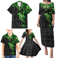 Polynesian Family Matching Puletasi Dress and Hawaiian Shirt Hammerhead Shark Tribal Pattern Black Green Version - Wonder Print Shop