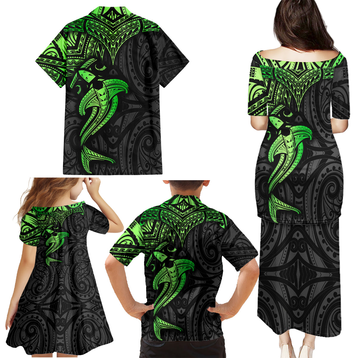 Polynesian Family Matching Puletasi Dress and Hawaiian Shirt Hammerhead Shark Tribal Pattern Black Green Version - Wonder Print Shop