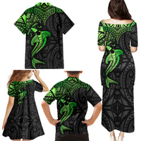 Polynesian Family Matching Puletasi Dress and Hawaiian Shirt Hammerhead Shark Tribal Pattern Black Green Version - Wonder Print Shop