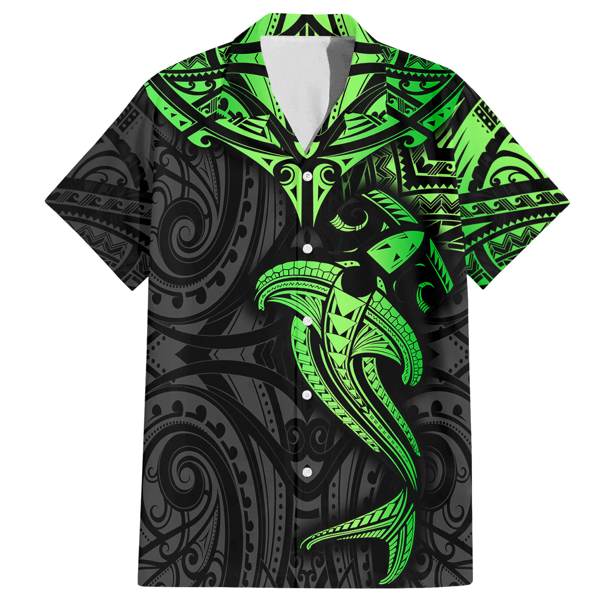 Polynesian Family Matching Puletasi Dress and Hawaiian Shirt Hammerhead Shark Tribal Pattern Black Green Version - Wonder Print Shop
