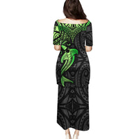 Polynesian Family Matching Puletasi Dress and Hawaiian Shirt Hammerhead Shark Tribal Pattern Black Green Version - Wonder Print Shop