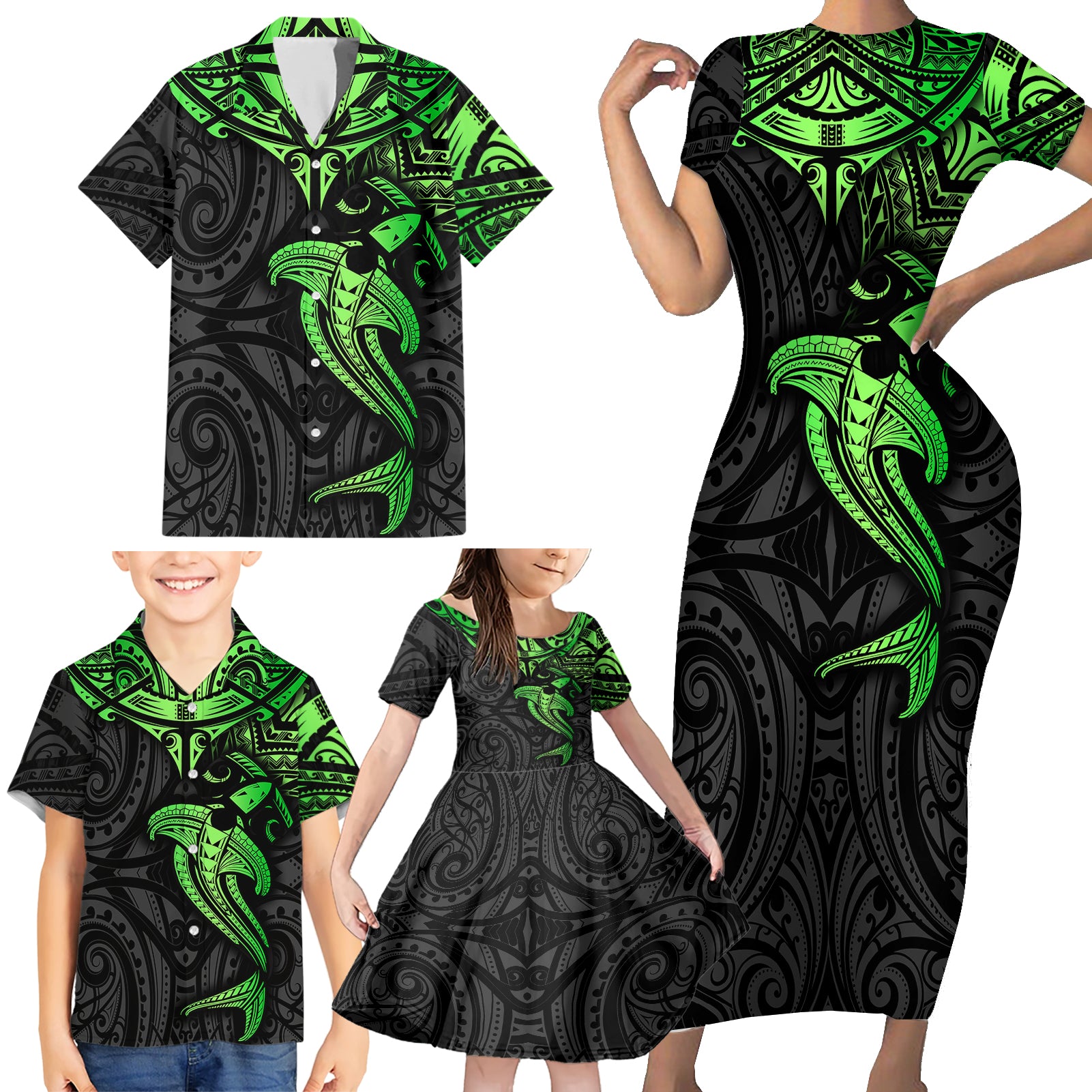 Polynesian Family Matching Short Sleeve Bodycon Dress and Hawaiian Shirt Hammerhead Shark Tribal Pattern Black Green Version - Wonder Print Shop