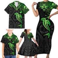 Polynesian Family Matching Short Sleeve Bodycon Dress and Hawaiian Shirt Hammerhead Shark Tribal Pattern Black Green Version - Wonder Print Shop