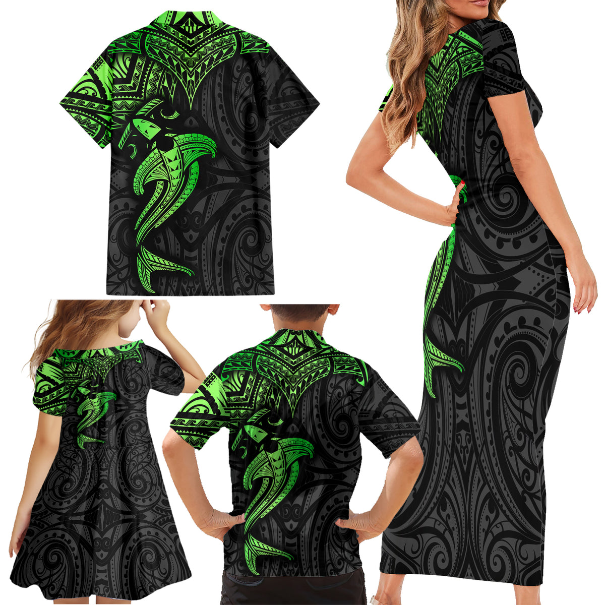 Polynesian Family Matching Short Sleeve Bodycon Dress and Hawaiian Shirt Hammerhead Shark Tribal Pattern Black Green Version - Wonder Print Shop