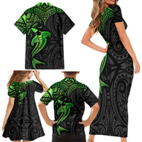 Polynesian Family Matching Short Sleeve Bodycon Dress and Hawaiian Shirt Hammerhead Shark Tribal Pattern Black Green Version - Wonder Print Shop