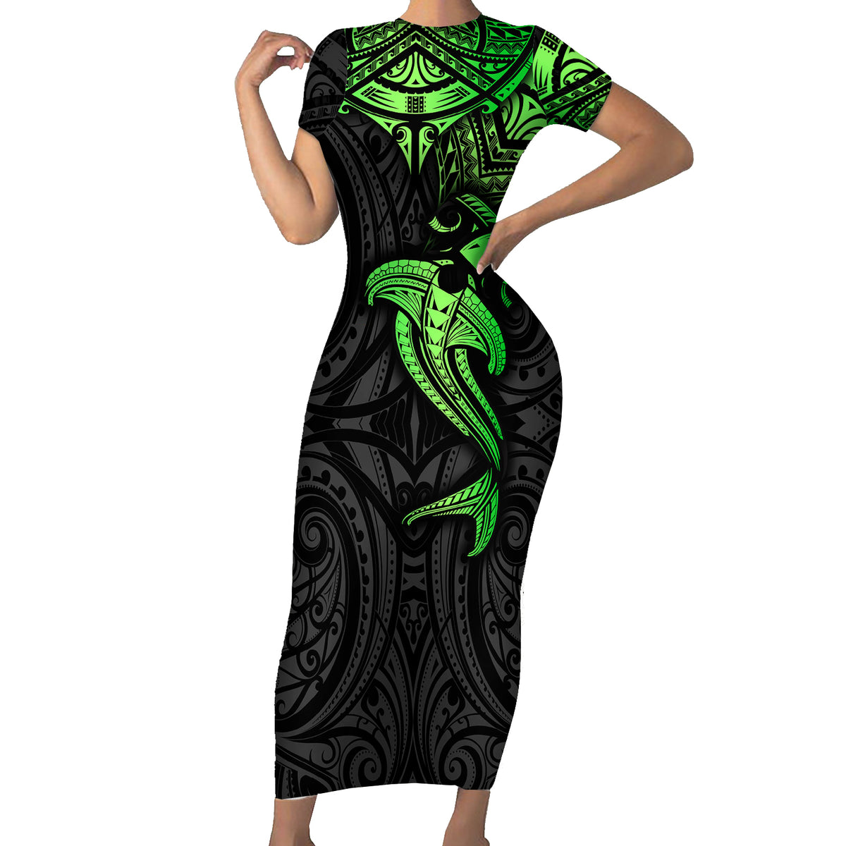 Polynesian Family Matching Short Sleeve Bodycon Dress and Hawaiian Shirt Hammerhead Shark Tribal Pattern Black Green Version - Wonder Print Shop