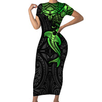 Polynesian Family Matching Short Sleeve Bodycon Dress and Hawaiian Shirt Hammerhead Shark Tribal Pattern Black Green Version - Wonder Print Shop