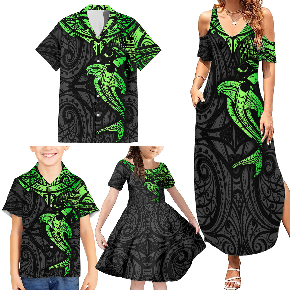 Polynesian Family Matching Summer Maxi Dress and Hawaiian Shirt Hammerhead Shark Tribal Pattern Black Green Version - Wonder Print Shop