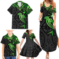 Polynesian Family Matching Summer Maxi Dress and Hawaiian Shirt Hammerhead Shark Tribal Pattern Black Green Version - Wonder Print Shop