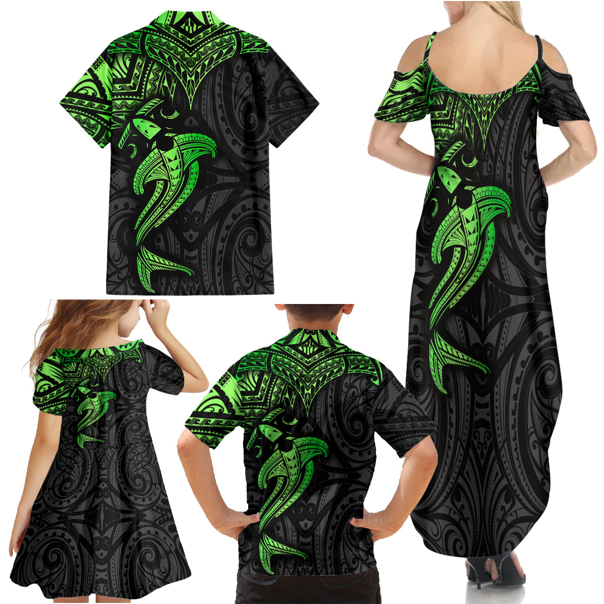 Polynesian Family Matching Summer Maxi Dress and Hawaiian Shirt Hammerhead Shark Tribal Pattern Black Green Version - Wonder Print Shop