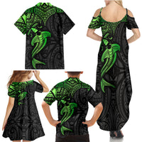 Polynesian Family Matching Summer Maxi Dress and Hawaiian Shirt Hammerhead Shark Tribal Pattern Black Green Version - Wonder Print Shop