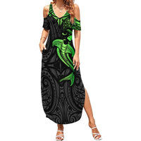 Polynesian Family Matching Summer Maxi Dress and Hawaiian Shirt Hammerhead Shark Tribal Pattern Black Green Version - Wonder Print Shop