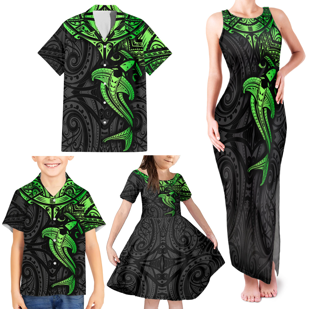 Polynesian Family Matching Tank Maxi Dress and Hawaiian Shirt Hammerhead Shark Tribal Pattern Black Green Version - Wonder Print Shop