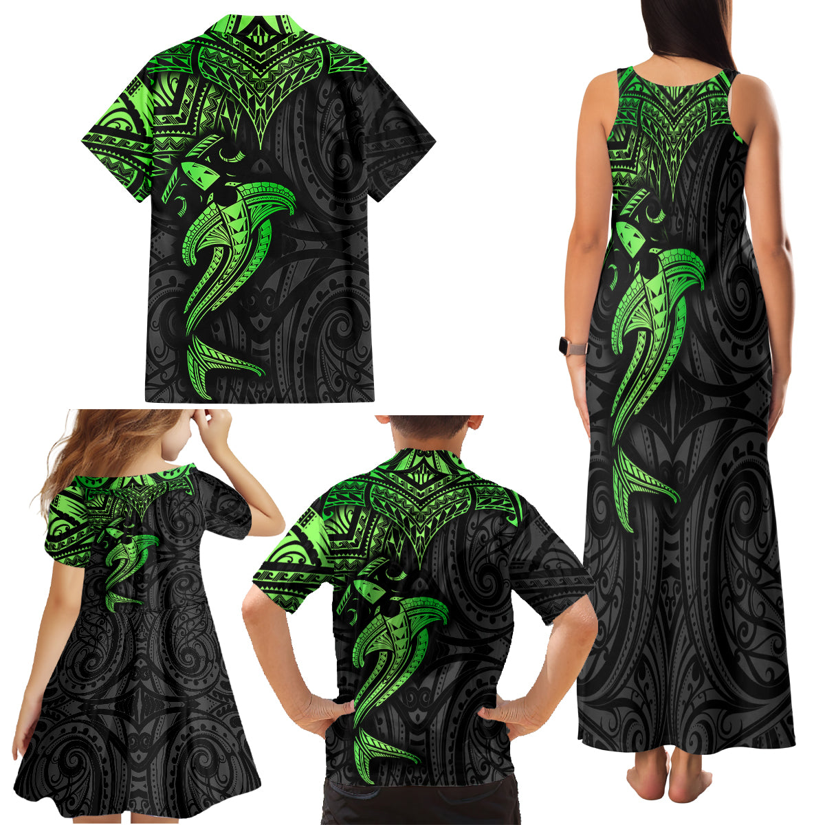 Polynesian Family Matching Tank Maxi Dress and Hawaiian Shirt Hammerhead Shark Tribal Pattern Black Green Version - Wonder Print Shop