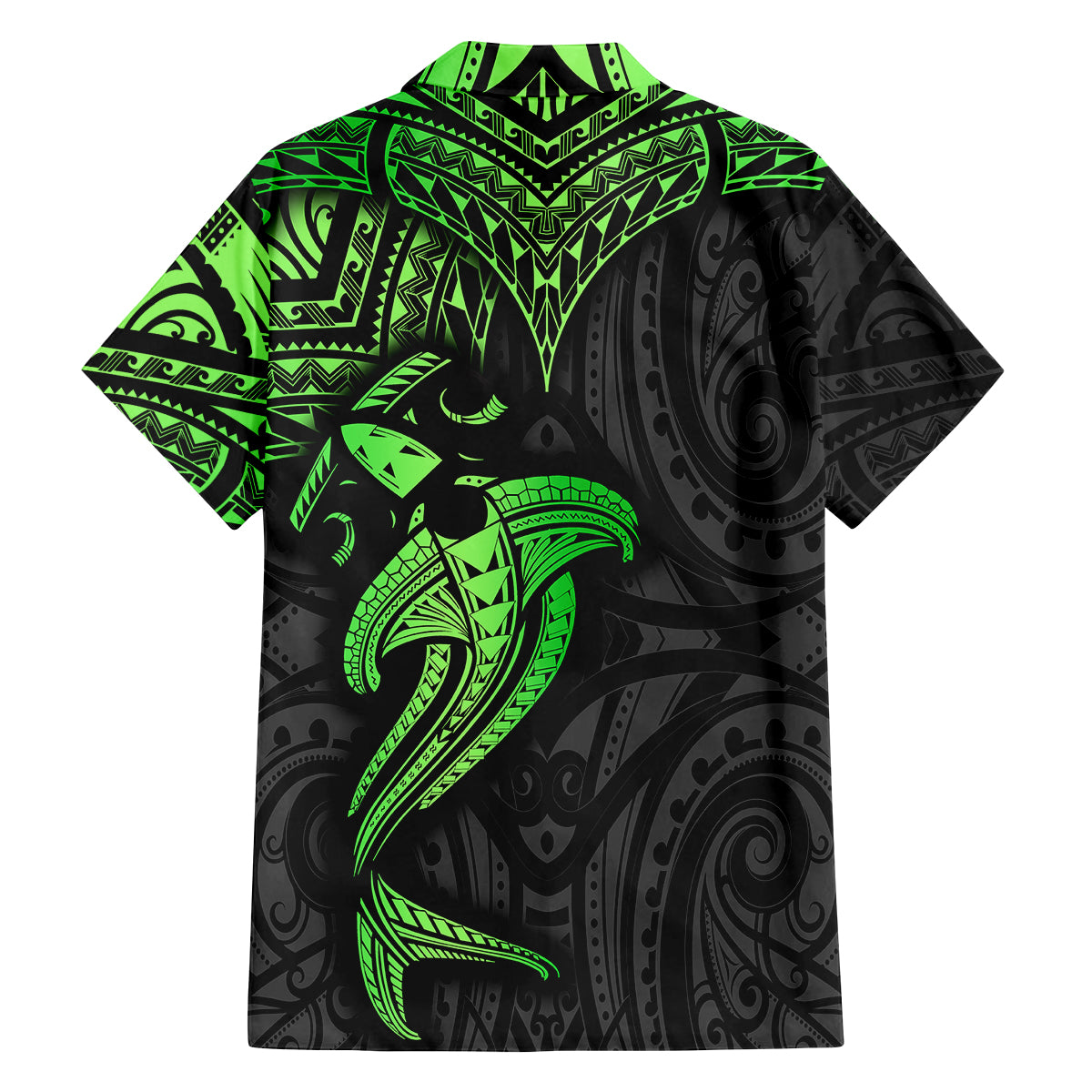 Polynesian Family Matching Tank Maxi Dress and Hawaiian Shirt Hammerhead Shark Tribal Pattern Black Green Version - Wonder Print Shop