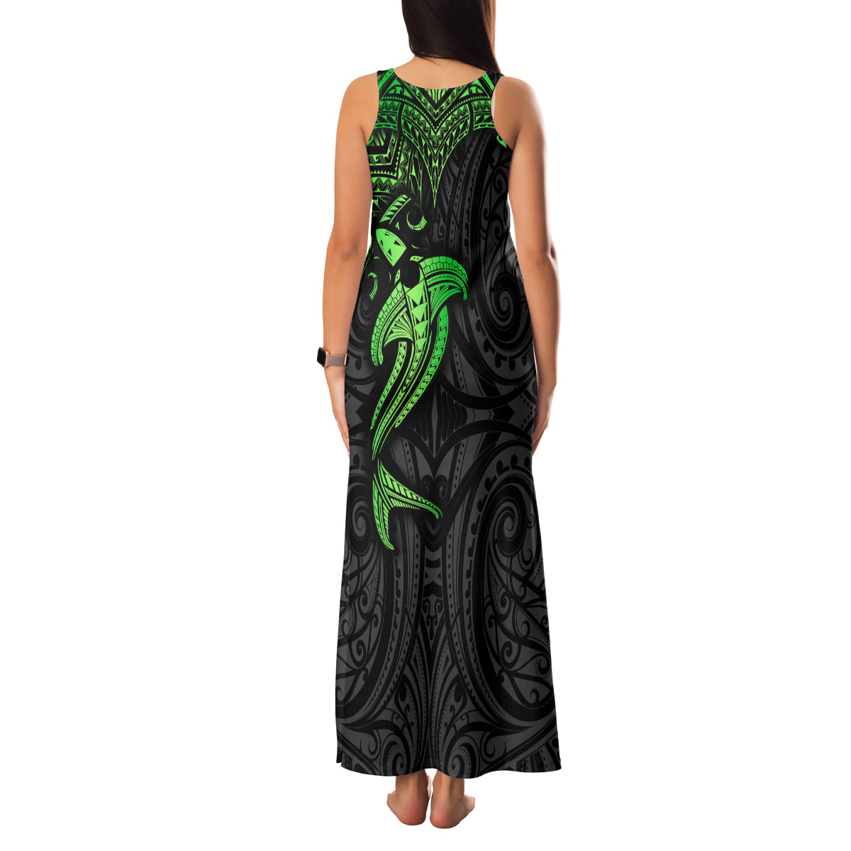 Polynesian Family Matching Tank Maxi Dress and Hawaiian Shirt Hammerhead Shark Tribal Pattern Black Green Version - Wonder Print Shop
