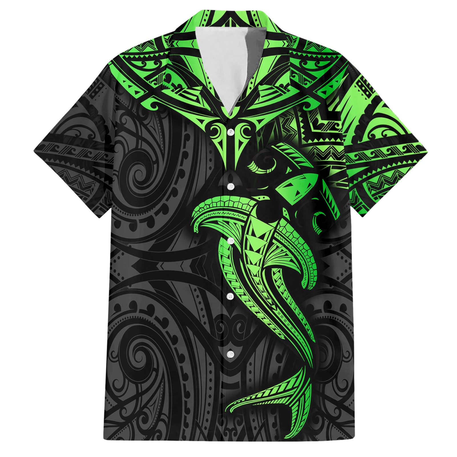 Polynesian Hawaiian Shirt Hammerhead Shark Tribal Pattern Black Green Version - Wonder Print Shop