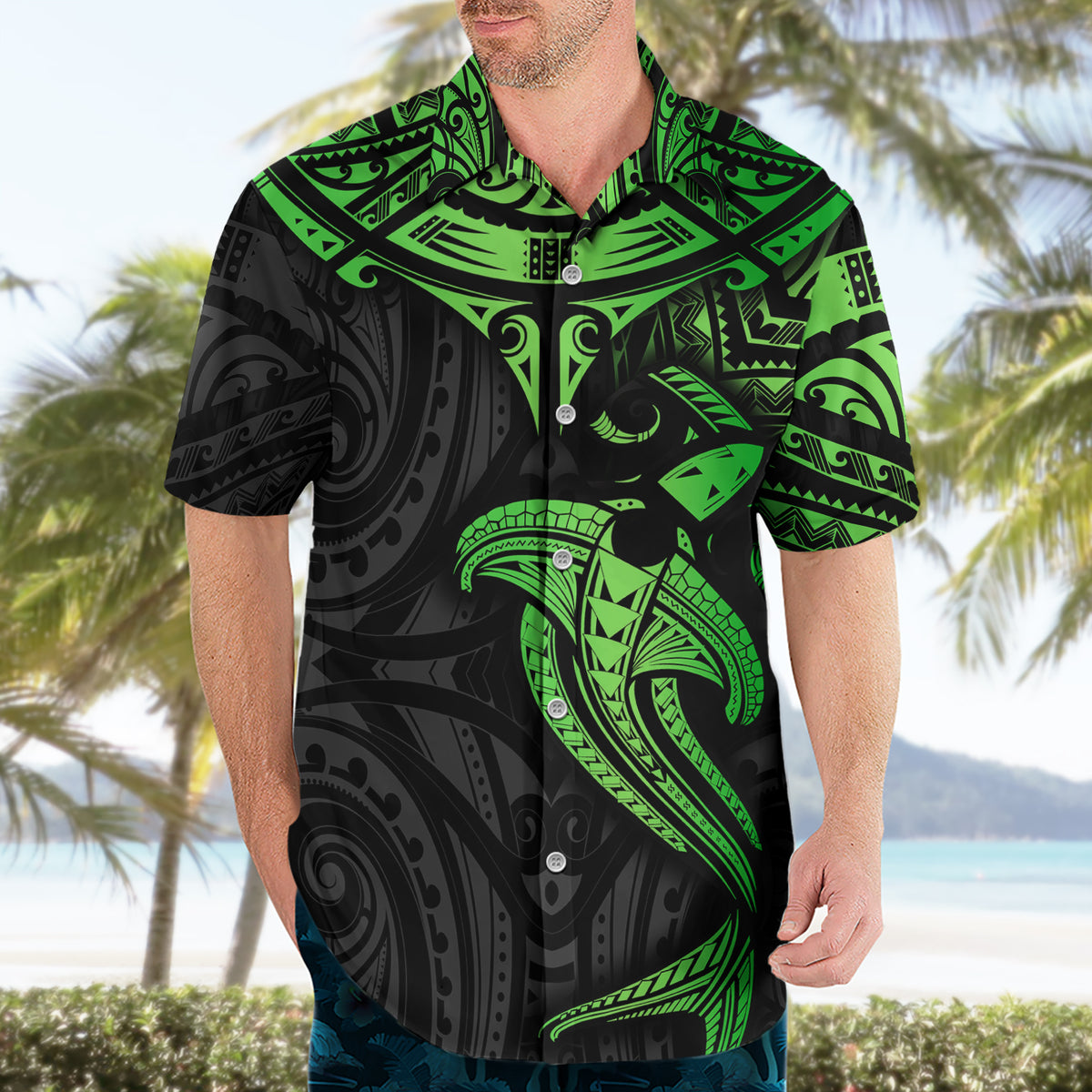 Polynesian Hawaiian Shirt Hammerhead Shark Tribal Pattern Black Green Version - Wonder Print Shop
