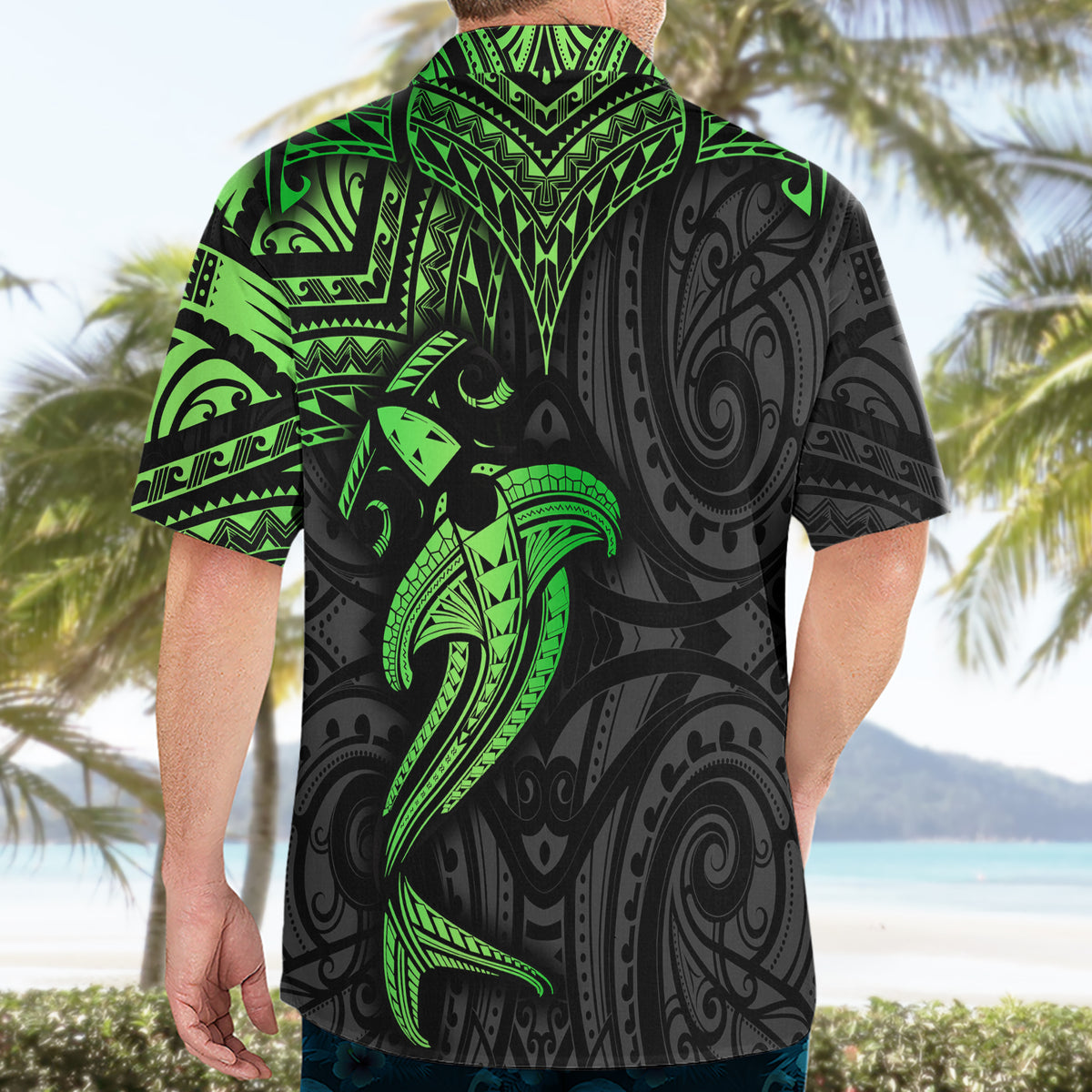Polynesian Hawaiian Shirt Hammerhead Shark Tribal Pattern Black Green Version - Wonder Print Shop