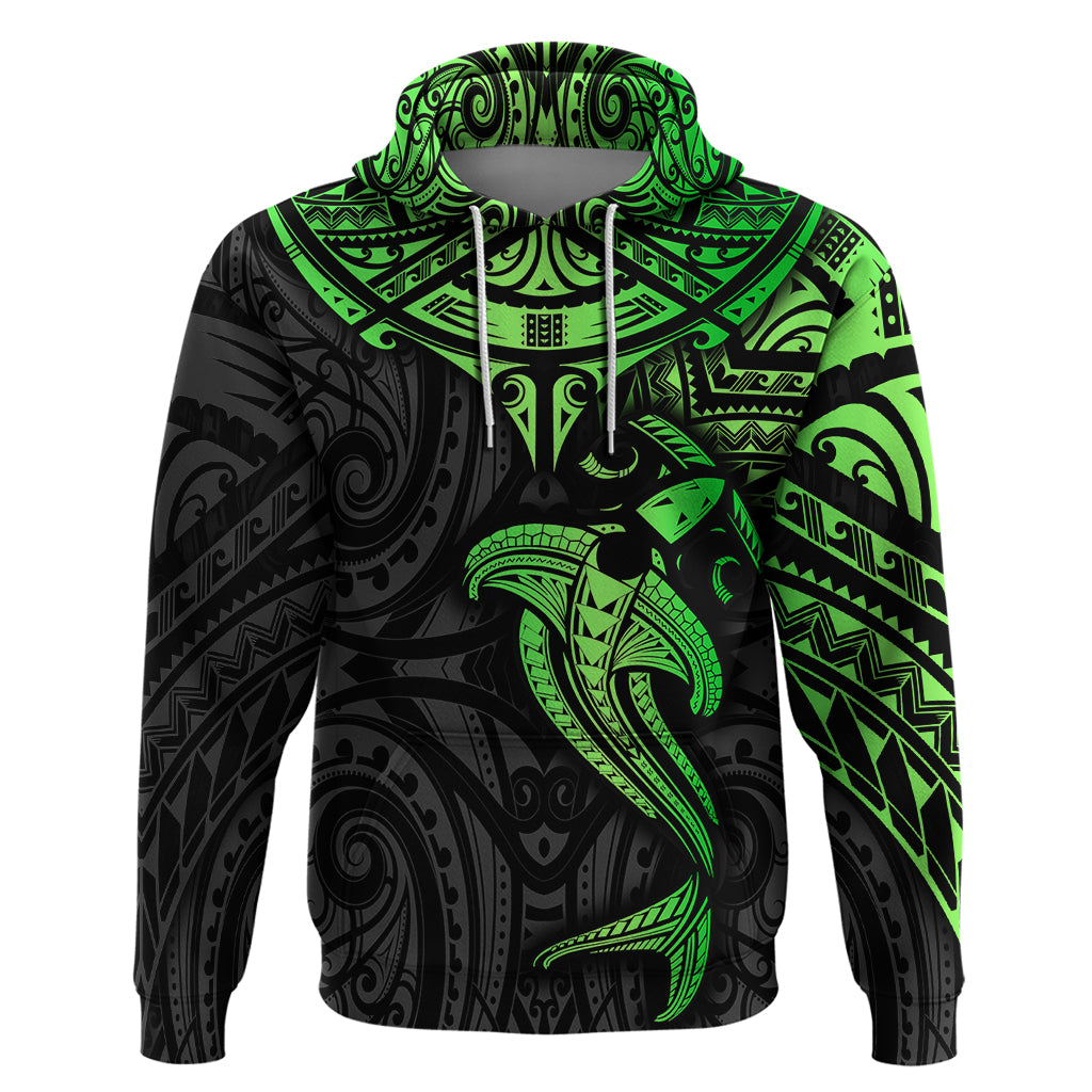 Polynesian Hoodie Hammerhead Shark Tribal Pattern Black Green Version - Wonder Print Shop
