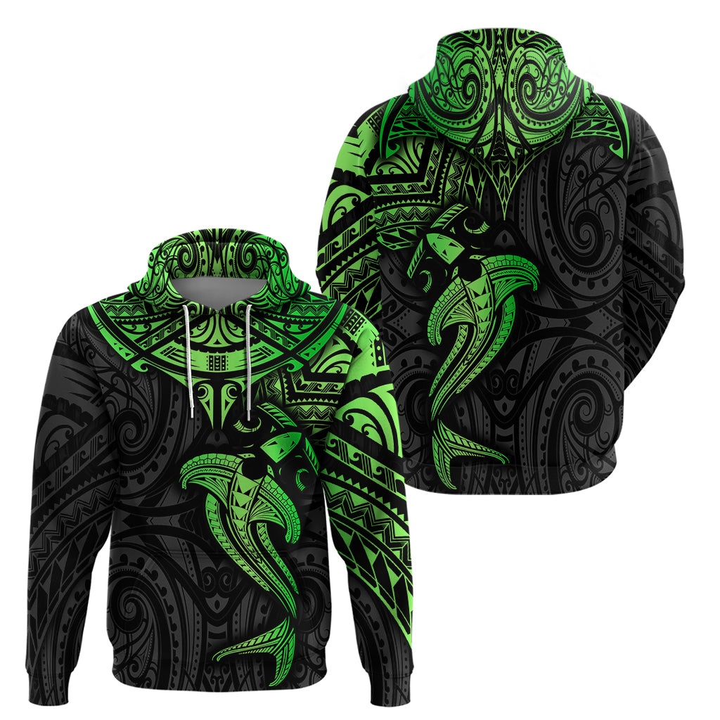 Polynesian Hoodie Hammerhead Shark Tribal Pattern Black Green Version - Wonder Print Shop