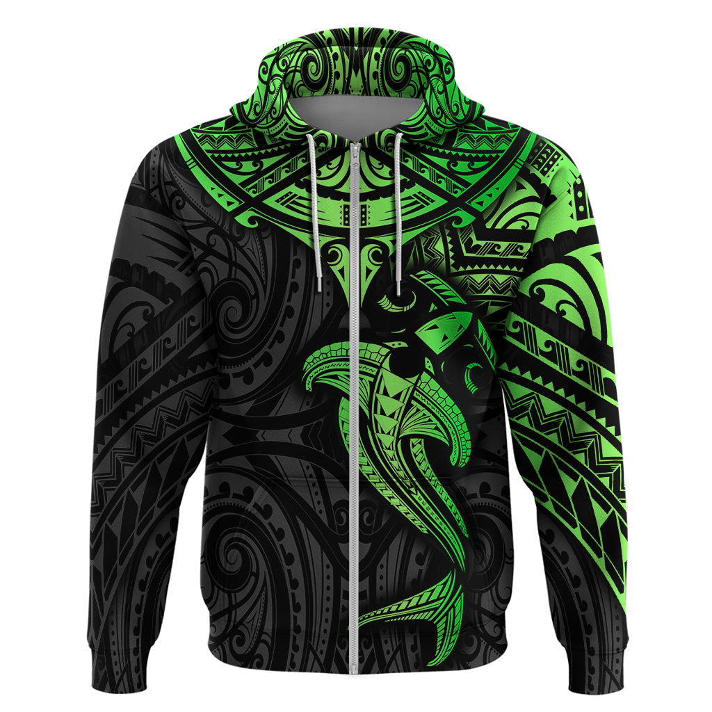 Polynesian Hoodie Hammerhead Shark Tribal Pattern Black Green Version - Wonder Print Shop