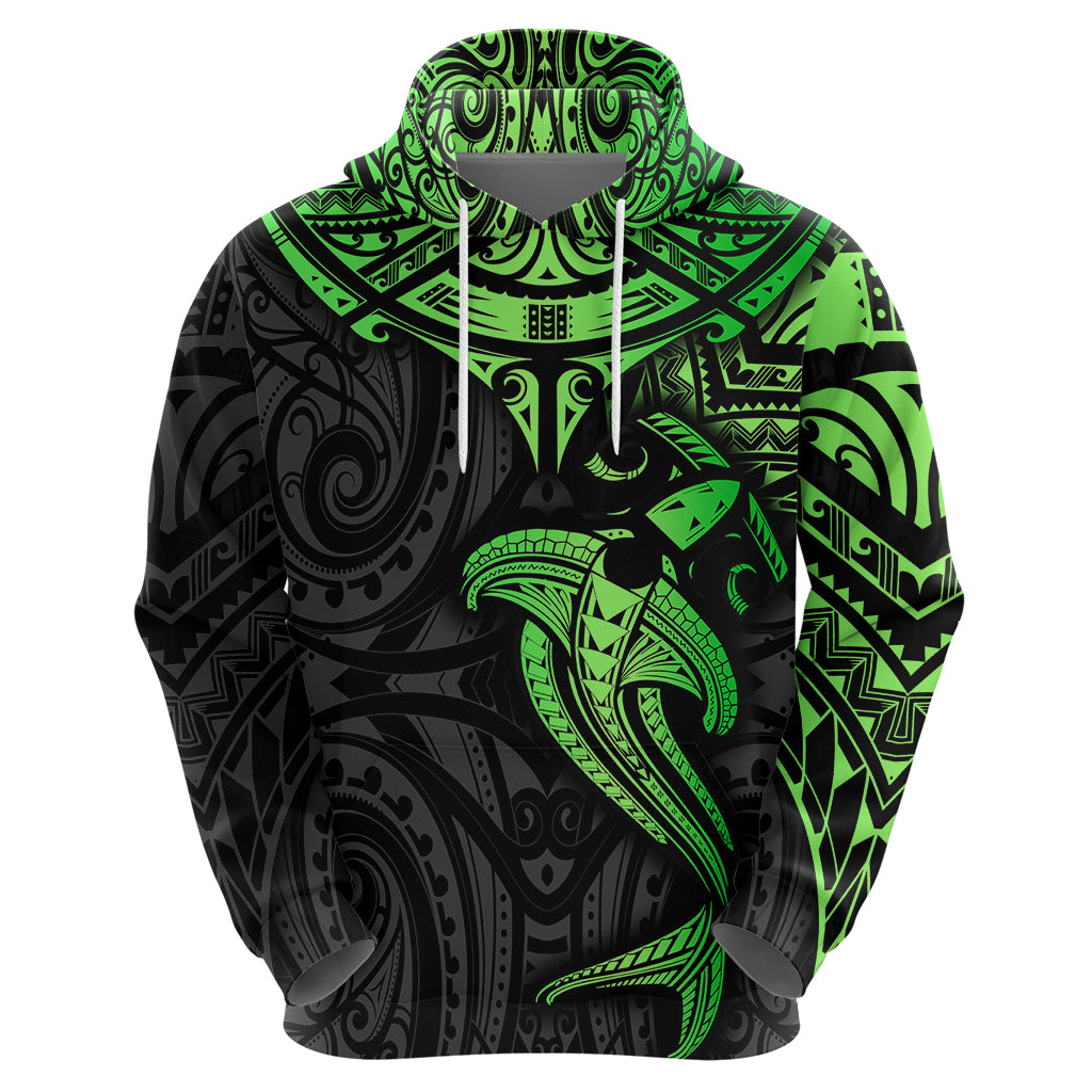 Polynesian Hoodie Hammerhead Shark Tribal Pattern Black Green Version - Wonder Print Shop
