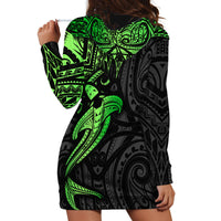 Polynesian Hoodie Dress Hammerhead Shark Tribal Pattern Black Green Version - Wonder Print Shop