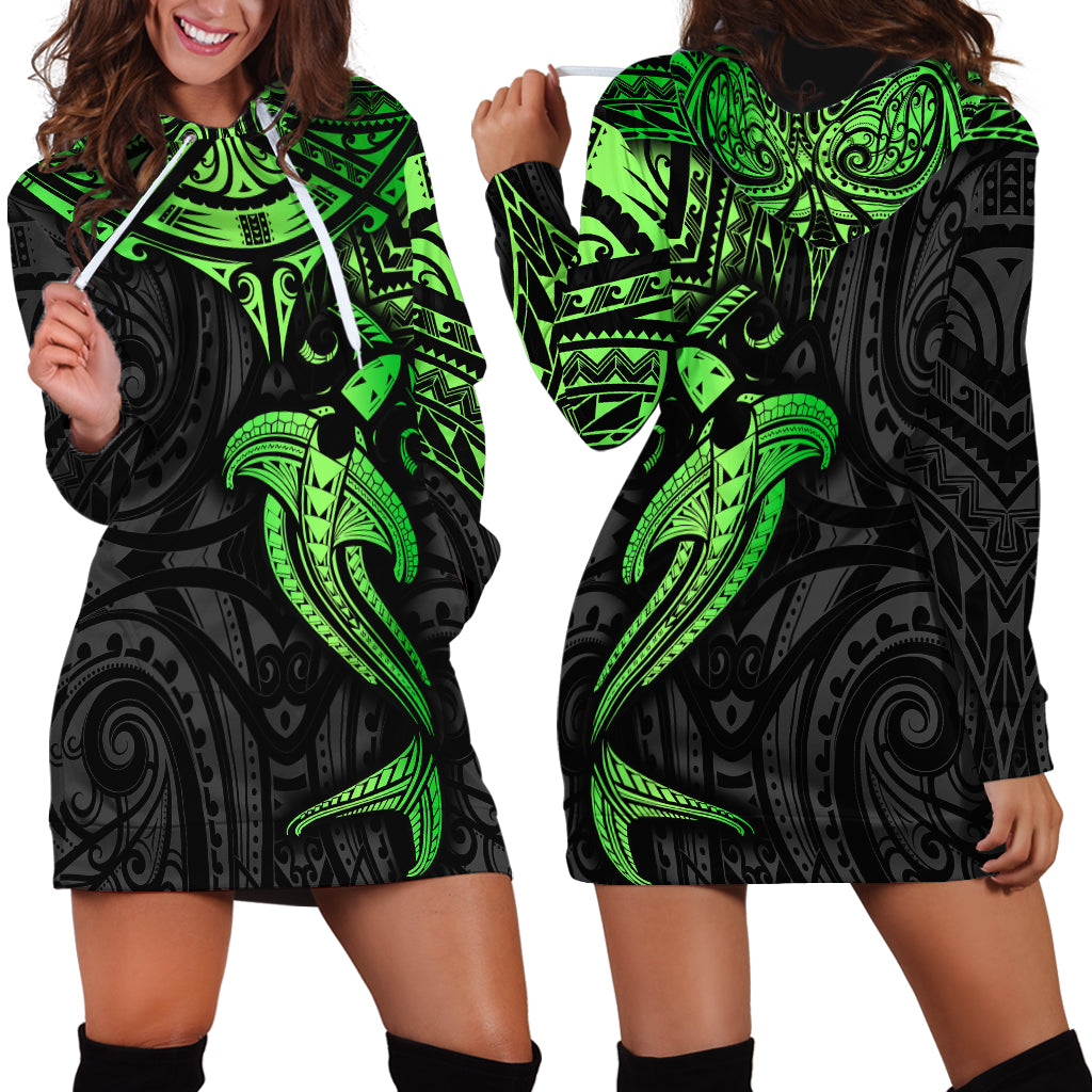 Polynesian Hoodie Dress Hammerhead Shark Tribal Pattern Black Green Version - Wonder Print Shop
