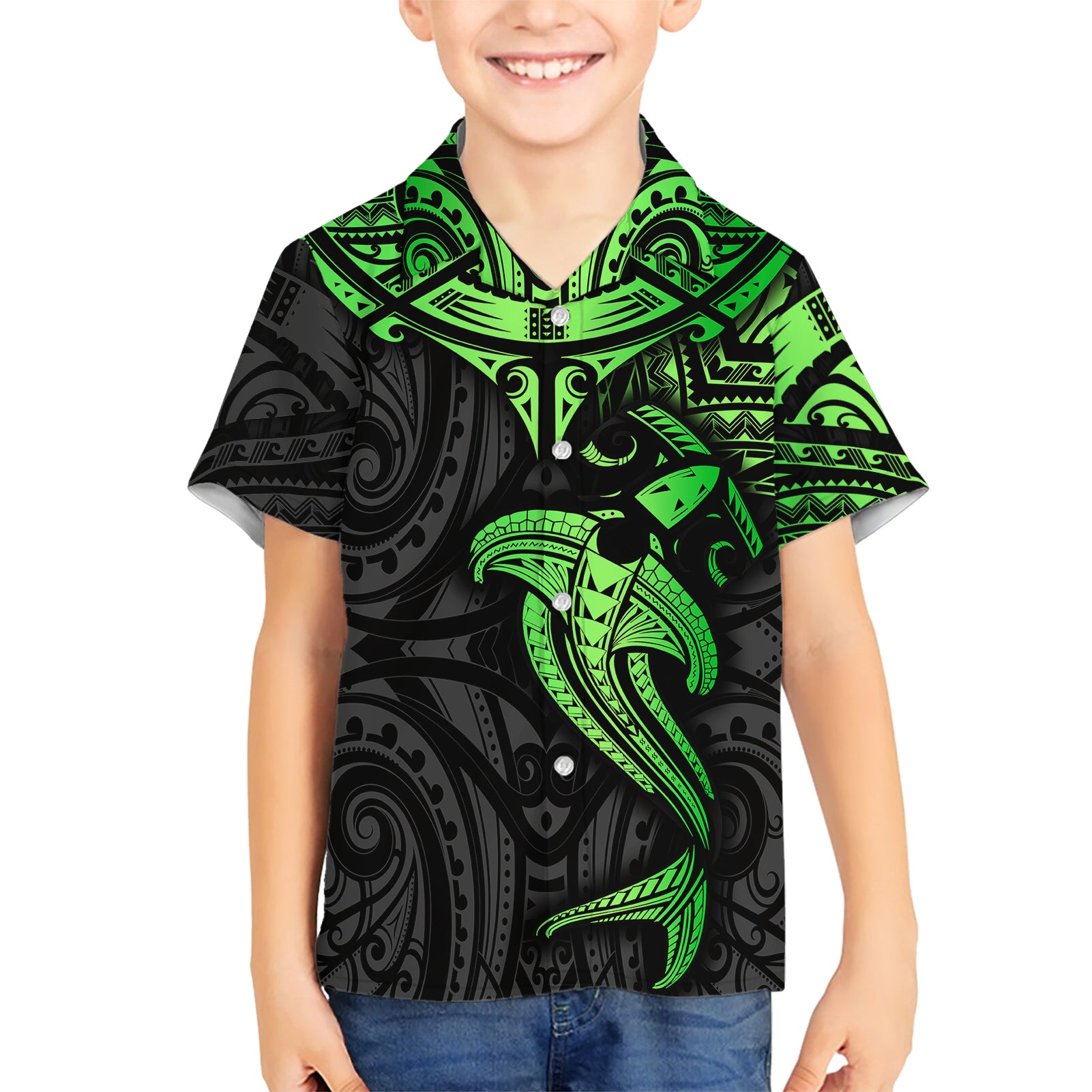 Polynesian Kid Hawaiian Shirt Hammerhead Shark Tribal Pattern Black Green Version - Wonder Print Shop