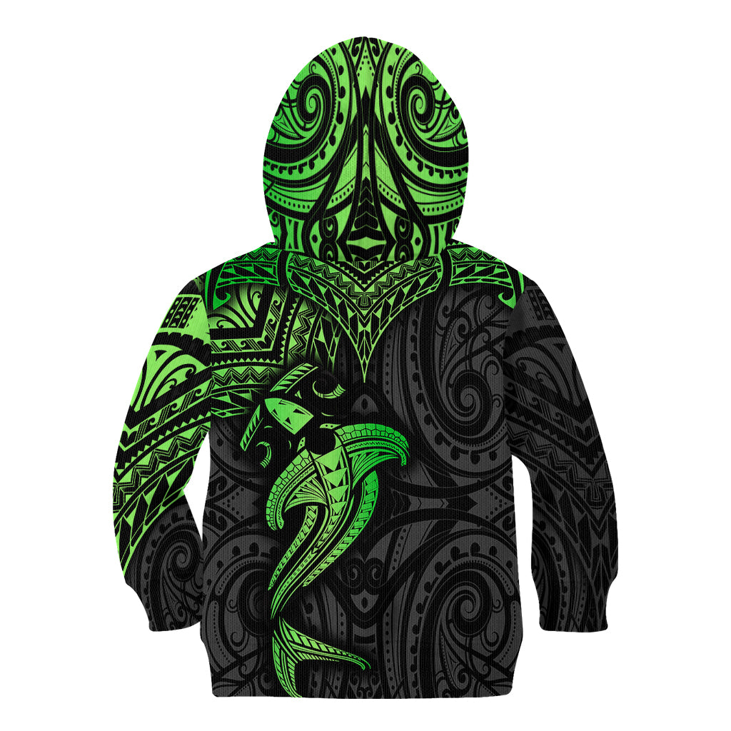 Polynesian Kid Hoodie Hammerhead Shark Tribal Pattern Black Green Version - Wonder Print Shop