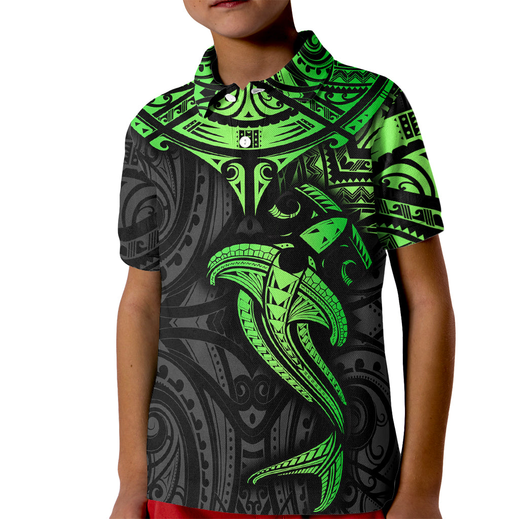 Polynesian Kid Polo Shirt Hammerhead Shark Tribal Pattern Black Green Version - Wonder Print Shop