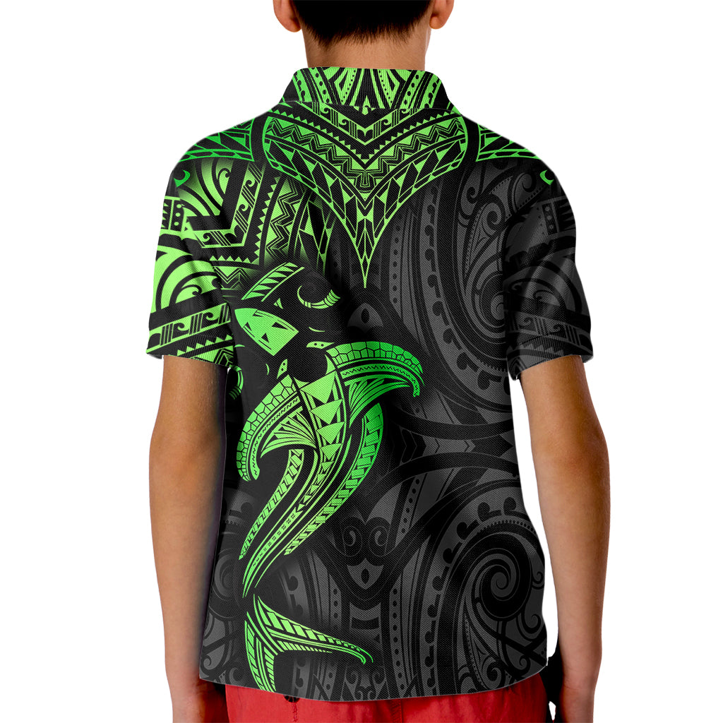 Polynesian Kid Polo Shirt Hammerhead Shark Tribal Pattern Black Green Version - Wonder Print Shop