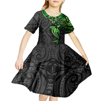 Polynesian Kid Short Sleeve Dress Hammerhead Shark Tribal Pattern Black Green Version - Wonder Print Shop