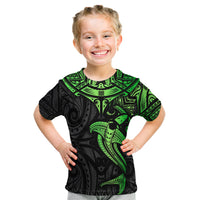 Polynesian Kid T Shirt Hammerhead Shark Tribal Pattern Black Green Version - Wonder Print Shop