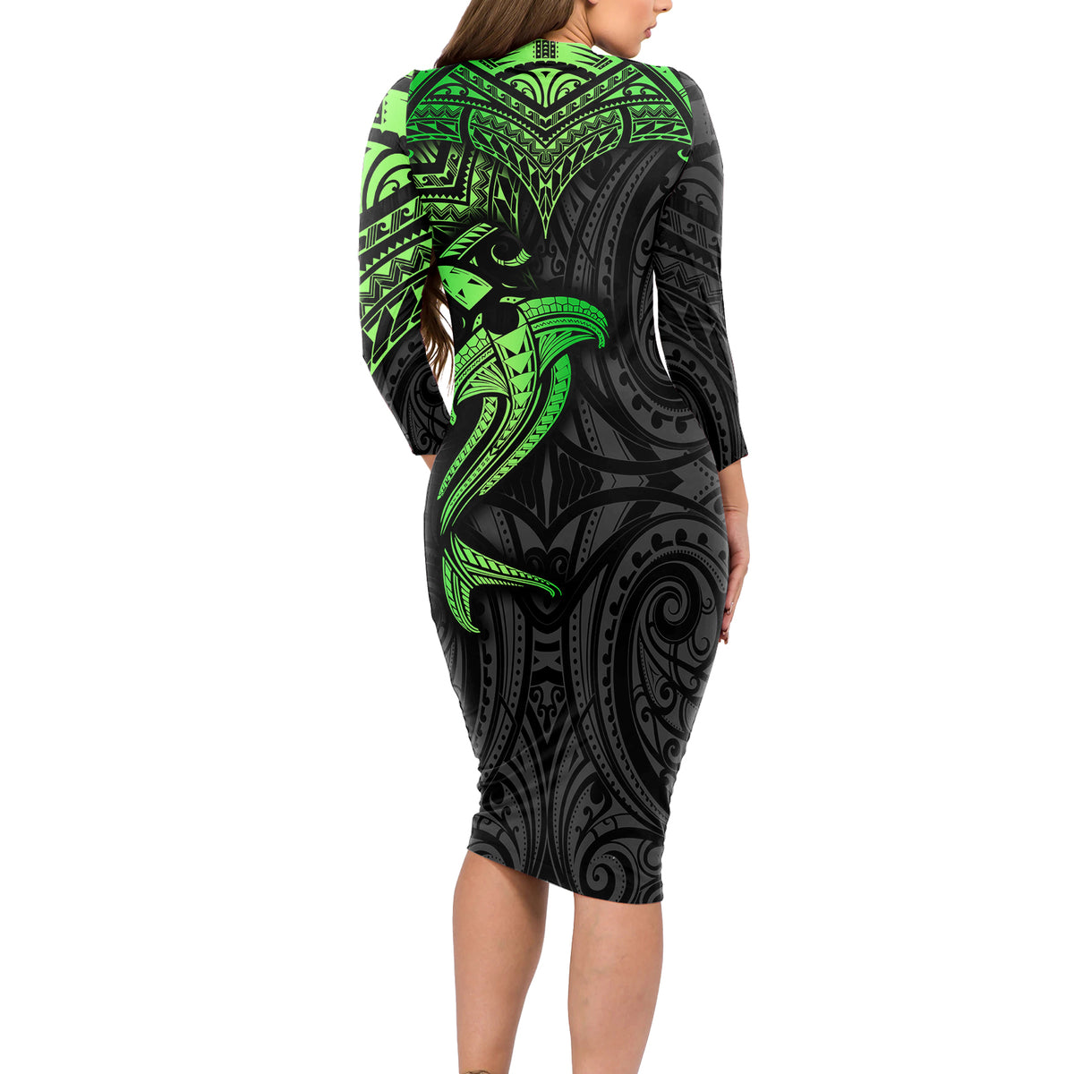 Polynesian Long Sleeve Bodycon Dress Hammerhead Shark Tribal Pattern Black Green Version - Wonder Print Shop