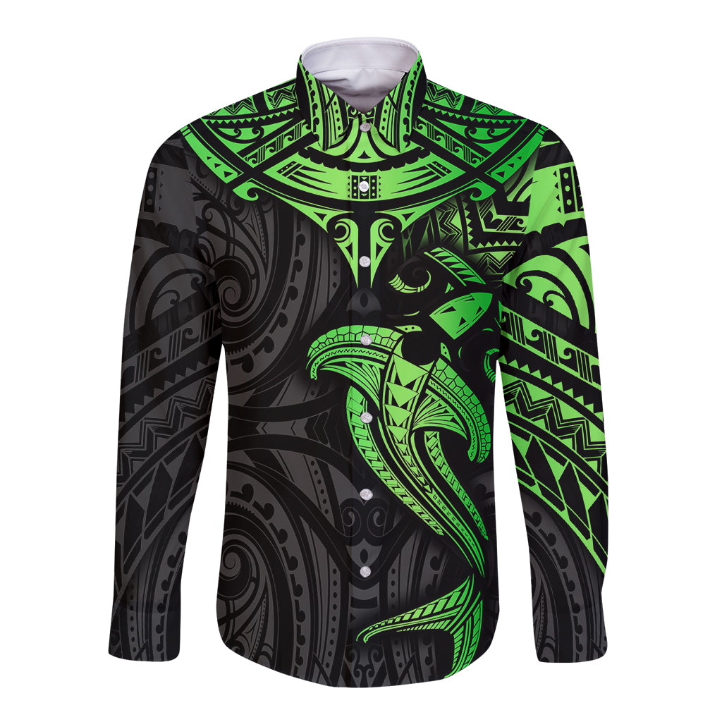 Polynesian Long Sleeve Button Shirt Hammerhead Shark Tribal Pattern Black Green Version - Wonder Print Shop