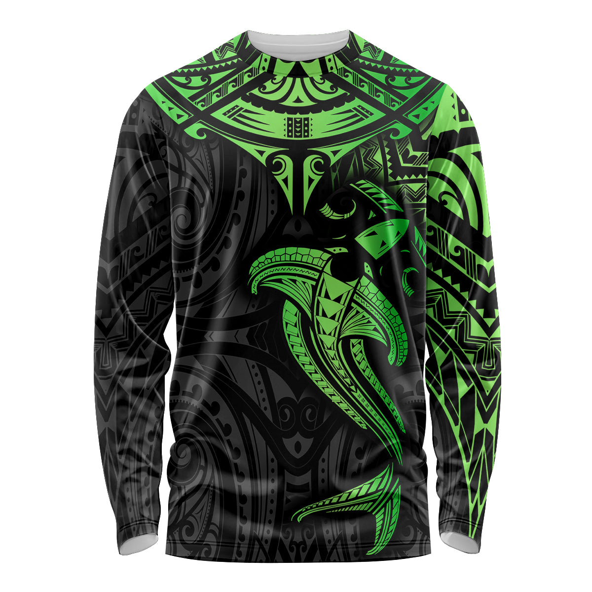 Polynesian Long Sleeve Shirt Hammerhead Shark Tribal Pattern Black Green Version - Wonder Print Shop