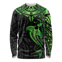 Polynesian Long Sleeve Shirt Hammerhead Shark Tribal Pattern Black Green Version - Wonder Print Shop