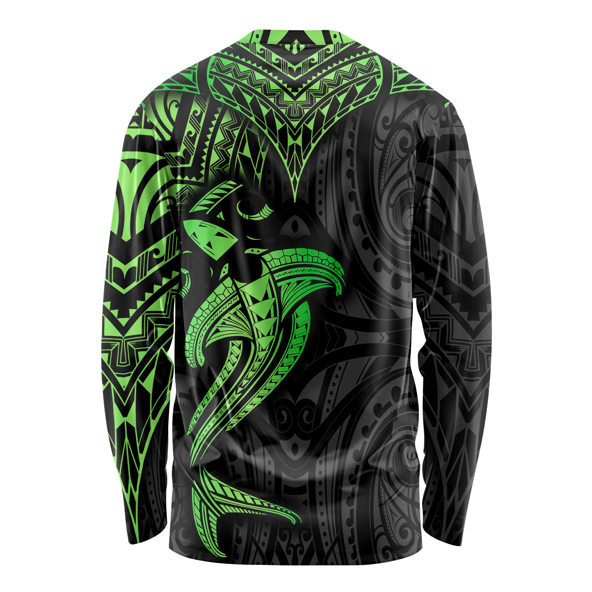 Polynesian Long Sleeve Shirt Hammerhead Shark Tribal Pattern Black Green Version - Wonder Print Shop