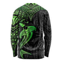 Polynesian Long Sleeve Shirt Hammerhead Shark Tribal Pattern Black Green Version - Wonder Print Shop
