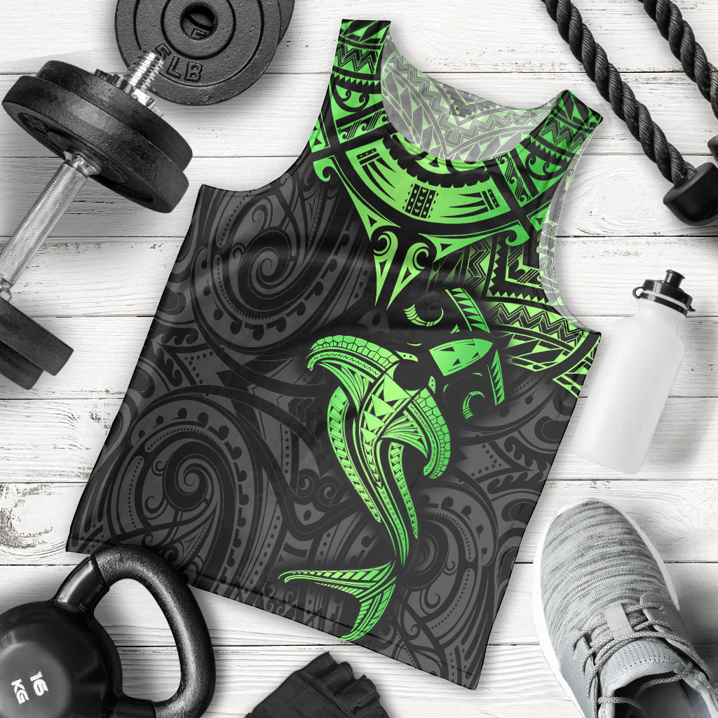 Polynesian Men Tank Top Hammerhead Shark Tribal Pattern Black Green Version - Wonder Print Shop