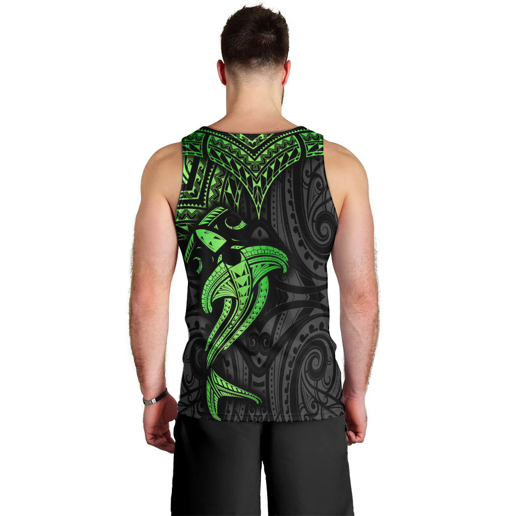 Polynesian Men Tank Top Hammerhead Shark Tribal Pattern Black Green Version - Wonder Print Shop