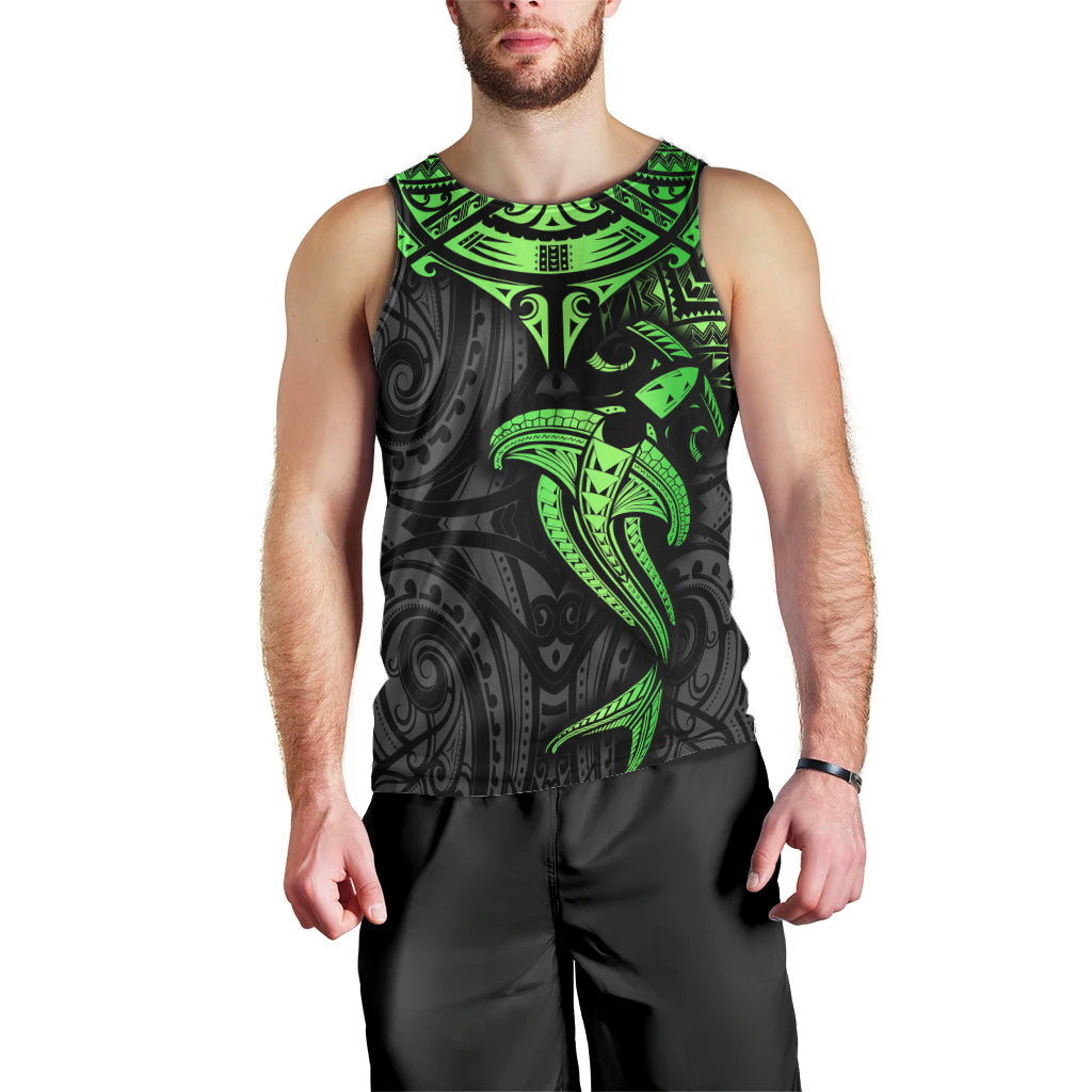 Polynesian Men Tank Top Hammerhead Shark Tribal Pattern Black Green Version - Wonder Print Shop