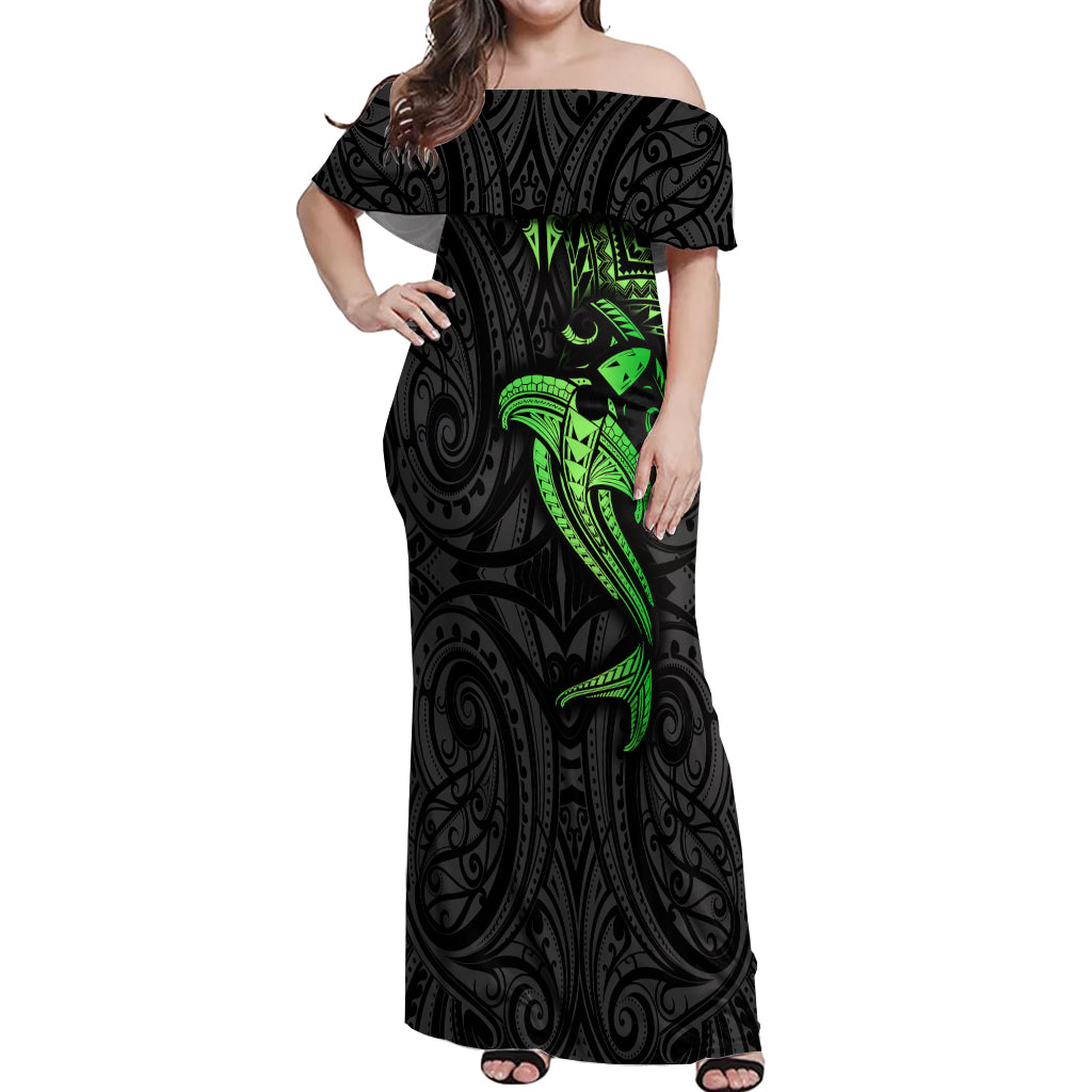 Polynesian Off Shoulder Maxi Dress Hammerhead Shark Tribal Pattern Black Green Version - Wonder Print Shop